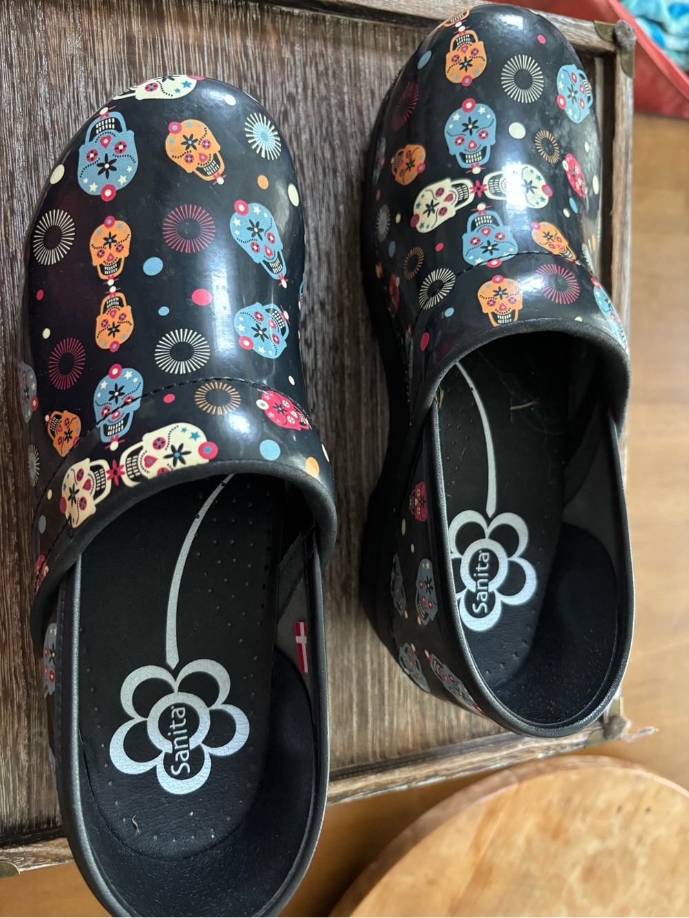Sanita Kids Black Clogs with Multicolor Sugar Skull Print